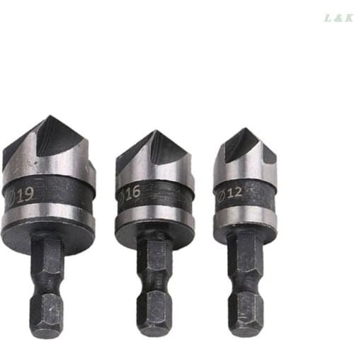 3pcs/set 90 Degree 1/4 Hex Drill Rod 5 Flute 12mm 16mm 19mm Wood Debur Counter