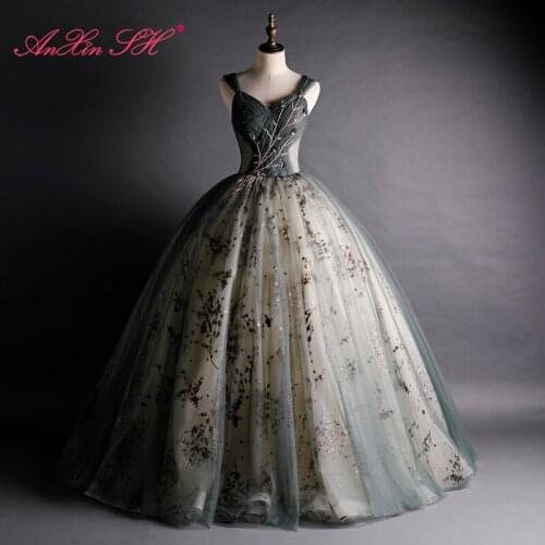 AnXin SH vintage princess grey lace sweetheart sleeveless beading flower crystal ball gown bride party host evening dress