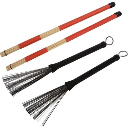 1 Pair 40CM Bamboo Rod Drum Brushes Sticks for Jazz Folk Music (Red) & 1 Pair Wire Retractable Loop End Drum Brushes for Jazz Dr