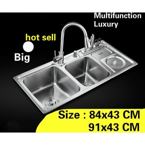 Free shipping Apartment kitchen double groove sink multifunction do the dishes 304 stainless steel hot sell big 84x43/91x43 CM