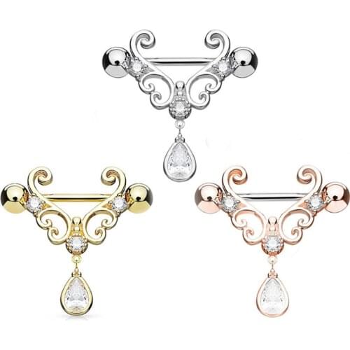 Shiny Teardrop Pendant Nipple Ring Breast Piercing Bar Rings Zircon Dangle Nipple Piercing Shields Bars Ring Body Jewelry