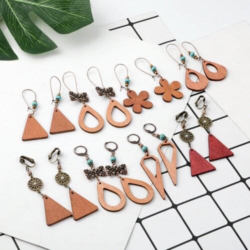 Wooden Triangle Water Drop Long Earrings Fashion Geometric Flower Hanging Earring for women 2019 Bohemian Vintage Ethnic Jewelry