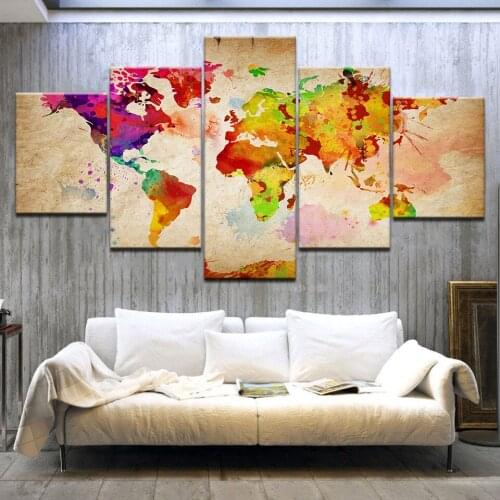 Living Room Home Decor Frame HD Print Abstract Picture 5 Pcs Created Color World Map Painting Wall Art Canvas Watercolor Poster