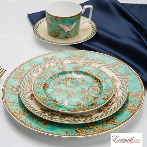 EECAMAIL British Style Bone China Model Room Club Western Tableware Steak Plate Home Creative Salad Plate Golden Bird Series Set