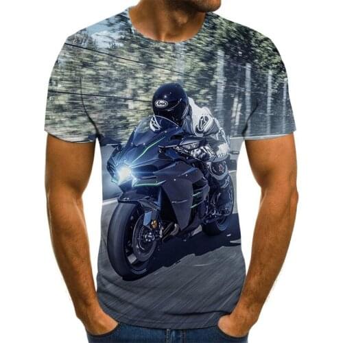 Summer New Mens T-shirt Polyester Fashion 3D Pattern Motorcycle Printed Top Round Neck Casual Black Oversized Short Sleeve 2021