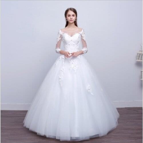 Glamorous Sexy Wedding Dress O-Neck Long Sleeves Tulle Embroidery net Applique lace up Rhineston Bridal Ball Gown