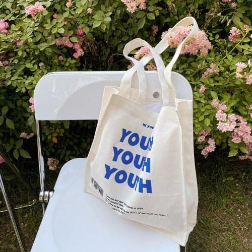 Women Canvas Shoulder Bag YOUTH Letters Print Female Cotton Cloth Tote Bags Large Capacity Handbag Reusable Grocery Shopper Bag
