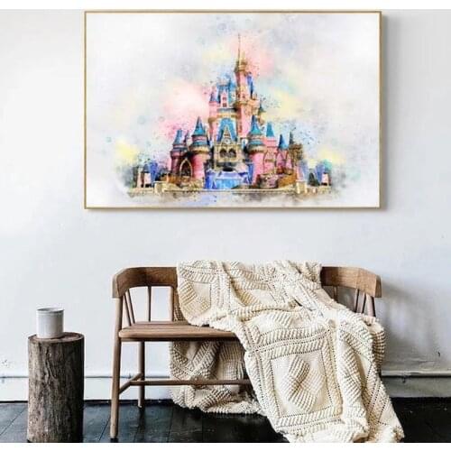 Disney Princess Castle Canvas Painting Disneyland Sleeping Beauty Magic Castle Watercolor Posters and Prints Girls room Decor