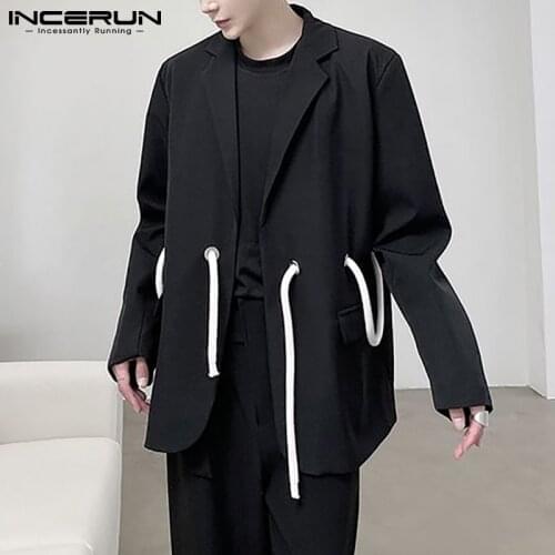 2021 Top New Mens Korea Japan Style Blazer Black Tie Waist Drawstring Design Solid Comfortable Loose Suit Jackets S-5XL INCERUN