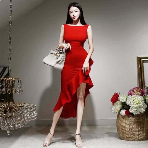 New Fashion Summer Vintage Round Neck Bodycon Party Club Midi Dress Ladies Elegant Sexy Tank Sleeveless Streetwear Ruffle Dress