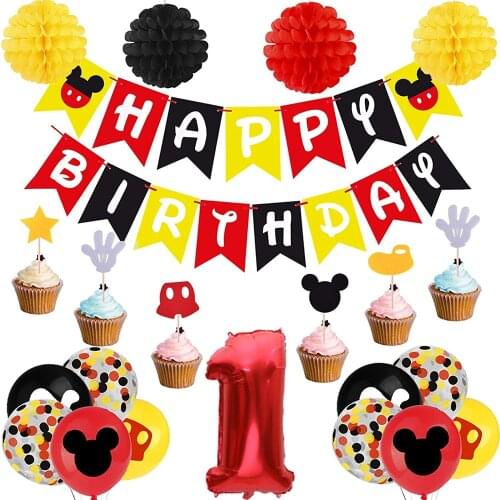 Mickey Mouse Kids Celebration Birthday Party Decor Plate Napkins Cups Disney Disposable Tableware pennant Party Supplies