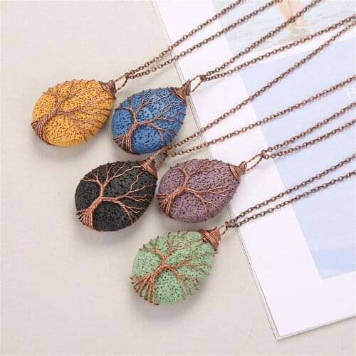 Tree of Life Necklace Natural Stone Copper Wire Wrapped Pendant Handmade Drop Shaped Crystal Pendant Necklace