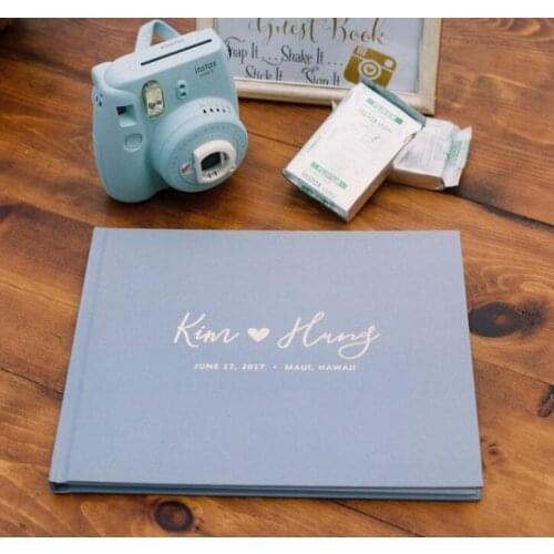 Personalize names date Dusty Blue Wedding Guest Book with Gold Foil, Black Pages Guest Book Wedding, Photo albums Guest Book