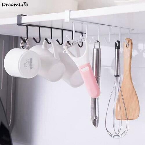 6 Hooks Cup Holder Hanging Bathroom Hanger Kitchen Organizer Cabinet Door Shelf Removed Storage Rack Home Decor Accessories