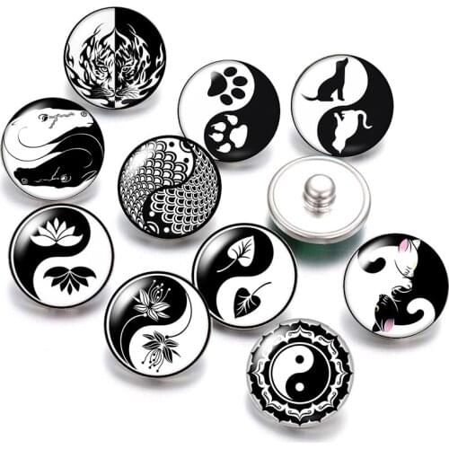 DB1011 The Eight Diagrams Black animals 18mm snap buttons 10pcs mixed round photo glass cabochon style for snap button jewelry