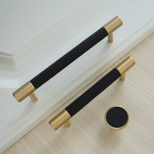 3.75" 5" Black Leather Door Pull Handles Copper Cabinet Wardrobe Handle Round Cupboard Drawer Knobs 96mm 128mm Hardware