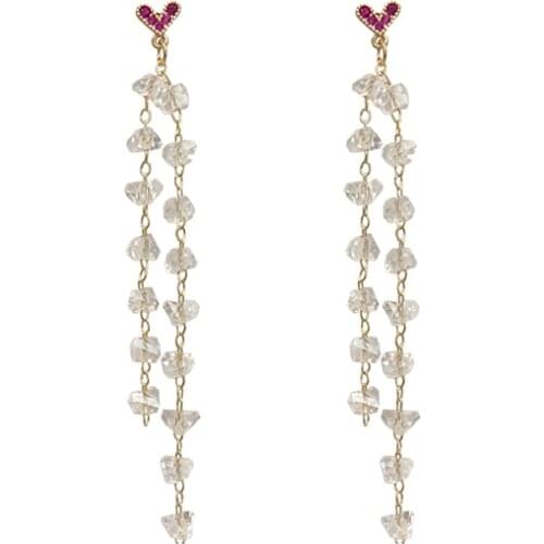 Korean Simple Sweet Pink Heart Rhinestone No Hole Clip on Earrings Women Temperament Long Crystal Tassel No Hole Earrings 2020