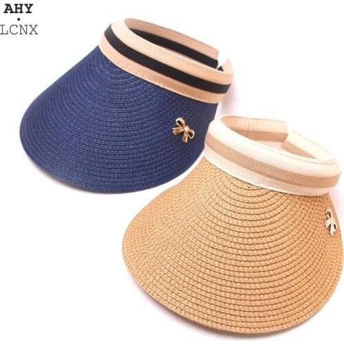 Summer New Women straw Hat Fashion Korean metal bow grass woven Empty top Beach Sun Visor hat bowknot womens outdoor trip Hats
