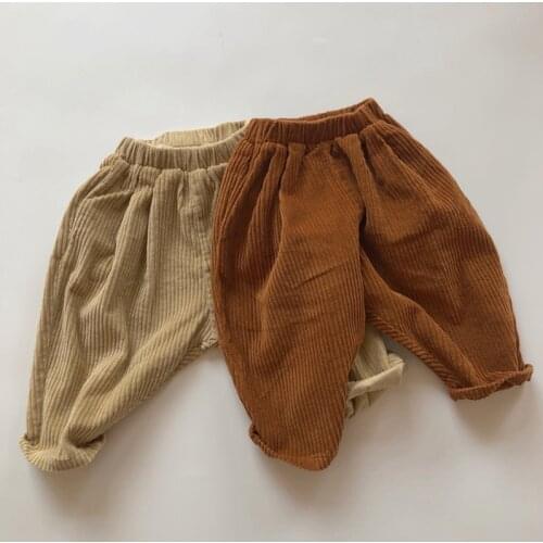 Korean Style Spring Autumn Kids Casual Pant Baby Boys Girls Corduroy Pants Childrens Trousers Solid Color Elastic Waist