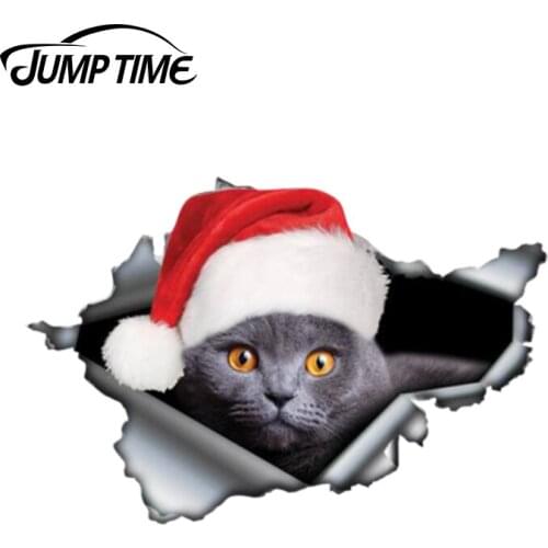 Jump Time 13cm x 8.7cm Cat with Santas hat sticker Torn Metal Decal Wild Animal Funny Car Stickers Window Bumper 3D Car Styling
