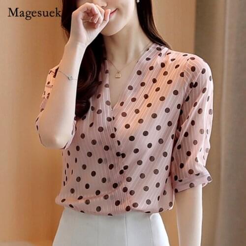 New Korean Style Summer Womens Shirts Office Lady V Neck Polka Dot Blouse Women Short Sleeve Pullover Ladies Blouses 9025 50