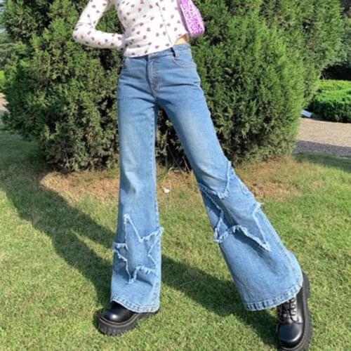 Flared Jeans Woman Low Waist Blue Pants For Women Clothing Pentagram Patches Jean Flared Pants Women Y2K Denim Trousers