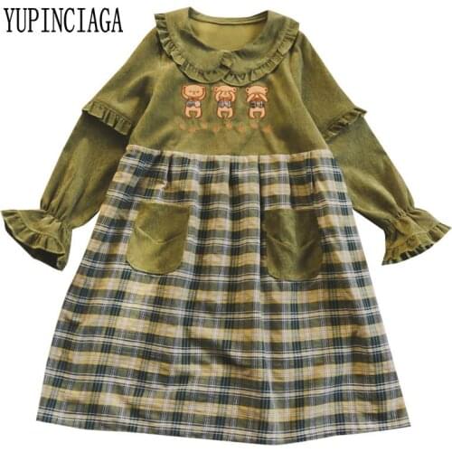 Womens Patchwork Corduroy Dresses Three bear patches Long Sleeve Doll collar Preppy Style Sweet Kawaii Dress with Pockets