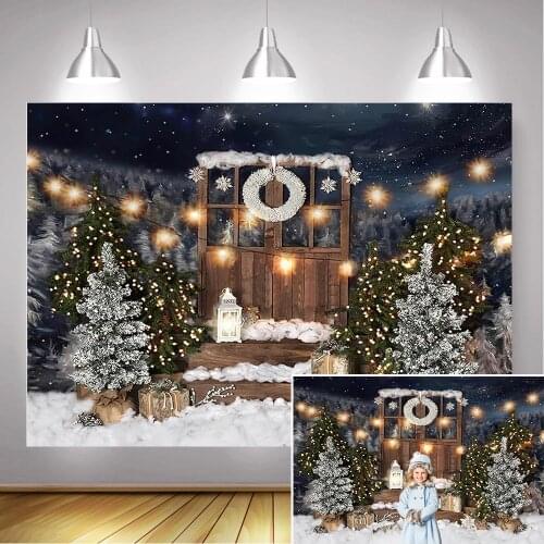 Winter Christmas Snow Photography Background Retro Brown Door Light Christmas Trees Photo Backdrop Gifts Pine Forest Photoshoot
