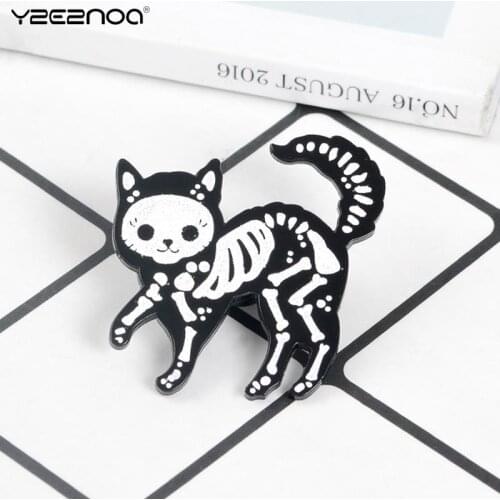 1pc Cat Skeleton Enamel Pin Punk Glitter Dark Cat Badge Brooch Bag Clothes Lapel Pin Funny Animal Jewelry Gift For Friends