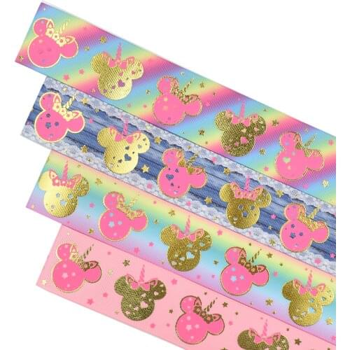 38mm Gold foil ink unicorn mouse head grosgrain ribbon 50yards welcome custom printed