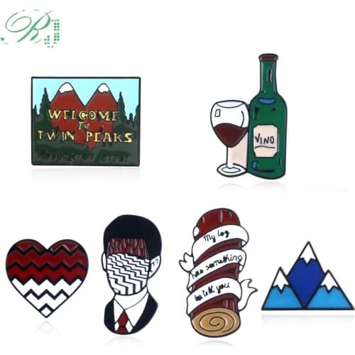 RJ Twin Peaks Heart Shape Brooches Dale Cooper Fire Walk With Me Red Wine Bottle Cup Lapel Enamel Pins Women Men Bag Shirt Gift