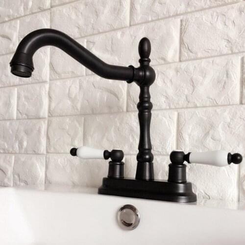 Black Oil Rubbed Bronze 4" Centerset Bathroom Sink Faucet Swivel Basin Mixer Tap Dual Ceramic Handles Levers mhg076