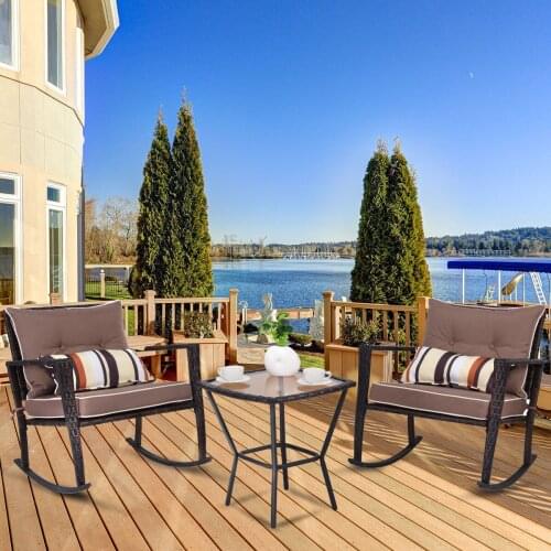 Costway 3 PCS Patio Rattan Wicker Furniture Set Rocking Chair Coffee Table W/Cushions