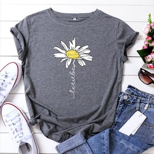 100% Cotton Summer New Womens T-shirt O-Neck Harajuku Daisy Print Top Casual Female T shirt Oversized Size S-5XL