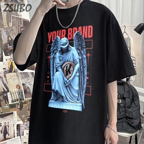Harajuku Retro T-shirt Male Unisex Cotton Short Sleeve Oversize Mens tshirt Vintage Angel Print Casual T shirt Streetwear Tops