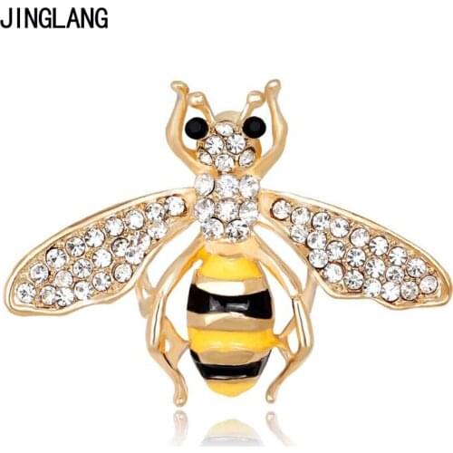 JINGLANG Gold Color Metal Animal Brooches Pins White Rhinestone Yellow Bee Brooches For Men Clothes Decoration Jewelry