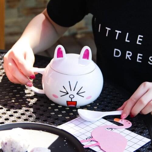 Cute Bear Rabbit Coffee Mugs With Cover Spoon Set Cartoon Friends Tea Cups Large Capacity Creative Drinkware