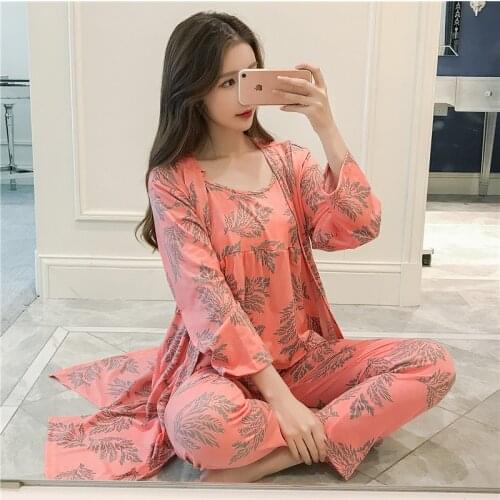 2021 Autumn 3PCS Sexy Long Sleeve Robes Pajama Sets for Women Print Sleepwear Homewear Pijama Mujer Home Clothes Three Piece Set