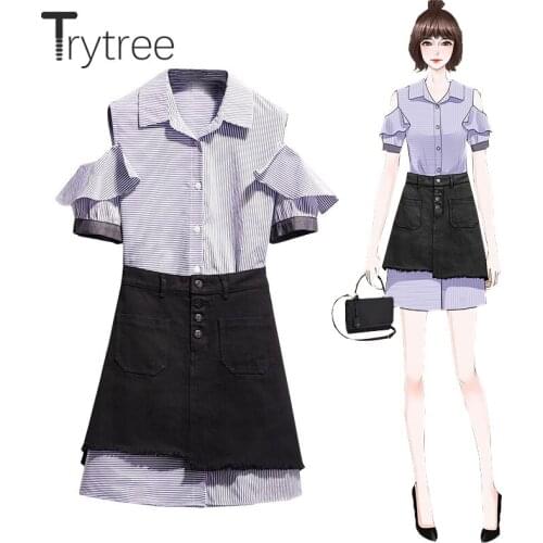 Trytree Summer Women Two Piece Set Casual Turn-down Collar Single Breasted Pullovers Blouse Top + Cowboy Skirt Mini 2 Piece Set