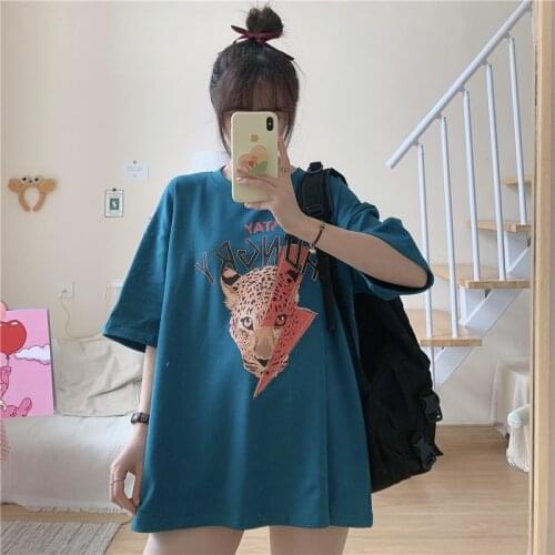 Summer retro cheetah print short-sleeved printed t-shirt womens half-sleeved loose top T-shirt all-match female