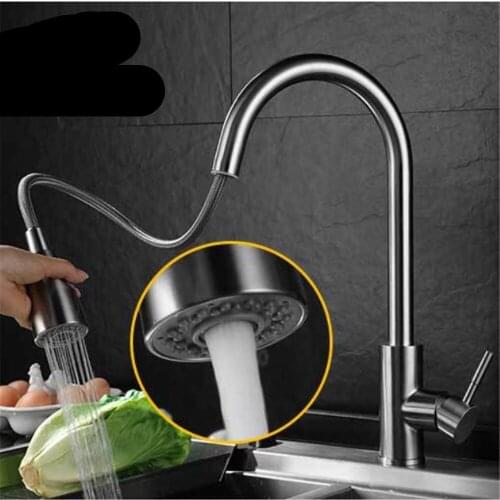 Brushed Bathroom Faucets Pull-Out Kitchen Faucets Single Hole Bubbler Outlet Taps Sink Stainless Steel Tap Rotate Hot Cold Mixer