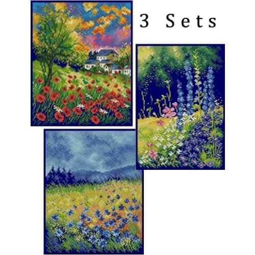 Lovely Counted Cross Stitch Kit Run Away Poppies Delphinium Cornflower Bluebonnet Flower Field Landscape Flowers 3 sets rto