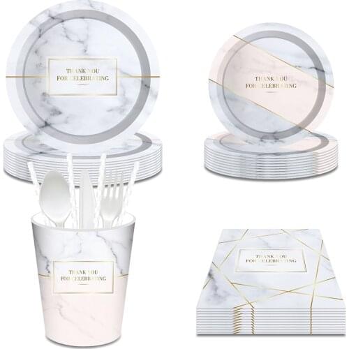 Marble Stone Design Thanksgiving Theme Happy Birthday Party Tableware Disposable Sets Plates Cups Napkins for 8 Guests