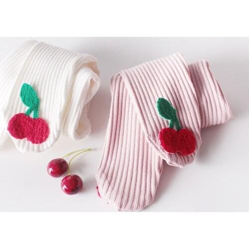 Soft breathable newborn baby girls pantyhose fall cute cherry embroidery kids tights for girls stocking children trousers 0-24m