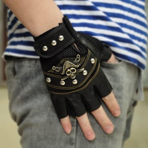 Mens skull rivet gloves hiking personality rivet boys half finger fingerless PU leather gloves riding tactical gloves