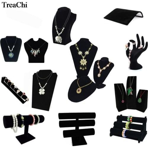 Professional Black Velvet Series Jewelry Organizer Holder Wooden Ring Necklace Bangle Earring Watch Jewelry Display StorageStand