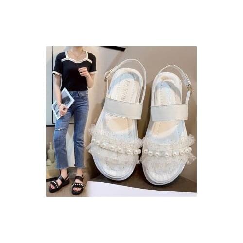 2021 Summer New Womens Sandals Fashion Pearl Crystal Buckle Strap Ladies Shoes Beach Peep Toe Casual Comfortable Women Sandals