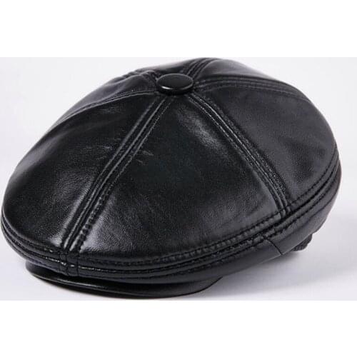 H7630 Genuine Leather Beret Hat Mens Winter Sheepskin Berets Cap Male Outdoor Plus Velvet Thickening Fashion Casual Black Caps