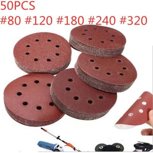 50pcs/set 5" 8 Hole 80/120/180/240/320 Grit Sanding Disc Random Orbit Hook Loop Sander Sand Paper Discs Set Grit