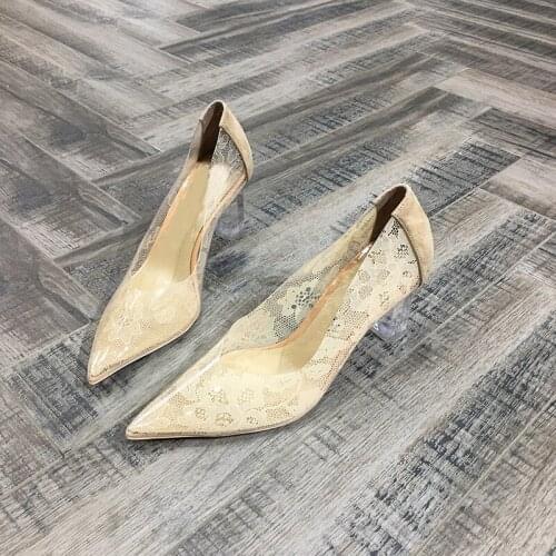 Stylish Clear Heel Pumps Pointed Toe Lace Clear PVC Woman Shoes Slip On Shallow Chunky Heel Dress Party Elegant Footwear